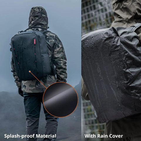 Person wearing OneMo 2 35L To 45L Camera Backpack With Expandable Storage, shown with splash-proof material and rain cover.