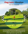 Golf course with flag viewed through Pro Grade Golf Rangefinder With Slope And Magnetic Mount, 1300 Yard Range, Flag Lock Vibration display.