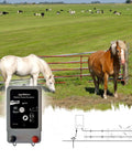 Dual Power Electric Fence Energizer For 20 Acre Pastures 2 In 1 Design near grazing horses in a fenced pasture with diagram.