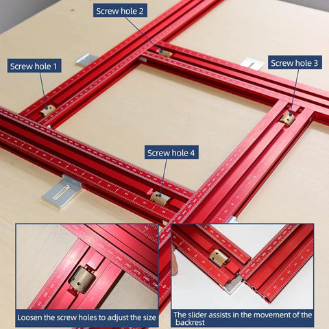 Close-up of Game Changing Adjustable Router Template And Heavy Duty Aluminum Rail Guide showing screw holes and adjustable features.