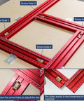 Solid Build Adjustable Aluminum Router Template With Dual Scale Guide Rail showing screw holes for adjustments on a work surface.