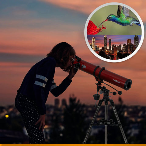 Person using Reflector Telescope With Equatorial Mount 114mm Aperture 900mm Focal Length Stainless Steel Tripod.