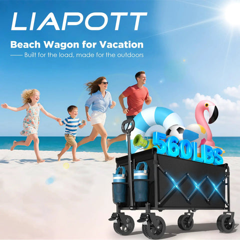 Beast Of A Foldable Wagon Cart With Brakes And All Terrain Wheels, 560 Lbs Capacity on a beach with family carrying gear