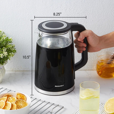 Front view of black 1.7L Dual Wall Electric Tea Kettle With Cool Touch Borosilicate Glass, 304 Stainless Steel Interior on kitchen counter