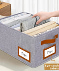 Foldable Wardrobe Organizer With 7 Large Grids For Clothes Jeans Sweaters And Tees 3 Pack Fabric Storage Bins in use with labeled tops