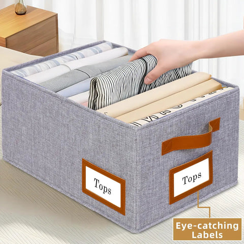 Foldable Wardrobe Organizer With 7 Large Grids For Clothes Jeans Sweaters And Tees 3 Pack Fabric Storage Bins in use with labeled tops