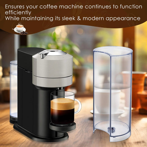 Feekoon water tank reservoir and lid cover for Nespresso Vertuo Next; clear tank beside coffee machine (2 items)
