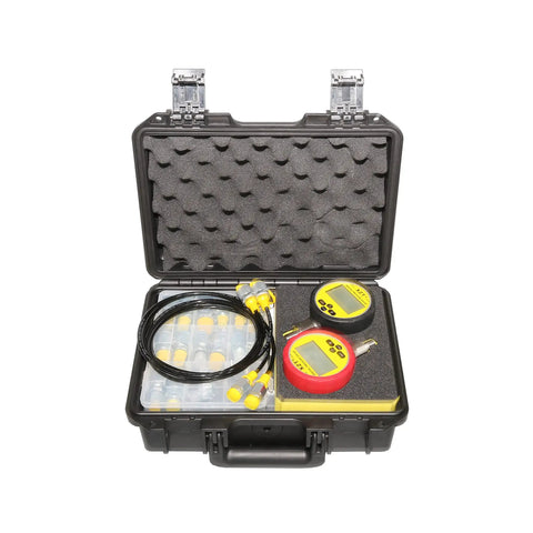 Pro Grade Hydraulic Pressure Test Kit With Digital Gauges And 5 Ft Test Hoses Includes 12 Test Couplings JIC Run Tees ORFS Run Tees BSPP Run Tees 10000 PSI Max For Excavators And Heavy Construction Machinery