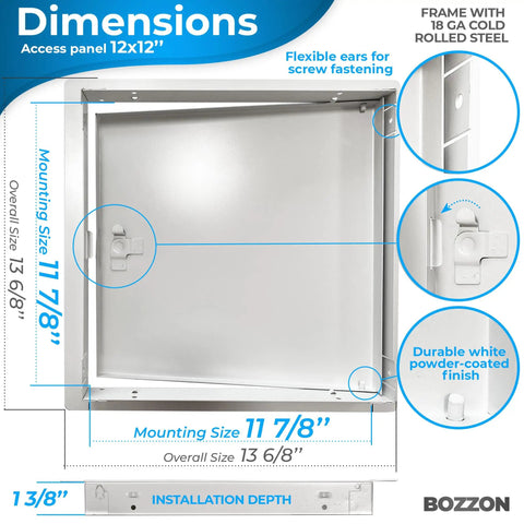 Heavy Duty Metal Access Panel for Drywall 12 x 12 Inches with a Slick Screwdriver Release Latch and Tough Steel Frame dimensions illustration