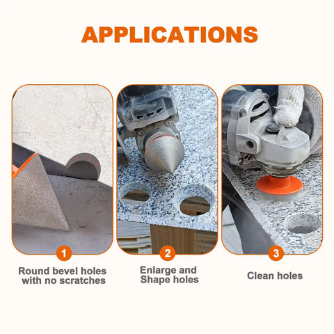 Applications of Beveling Chamfer Bit for Enlarging and Polishing Existing Holes 2 Inch Finger Milling Bit, showing use on stone.