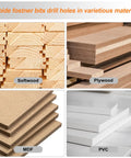 Rock Hard Tungsten Carbide Forstner Drill Bit 10Mm 13 32 Inch Hex Shank cutting through softwood, plywood, MDF, and PVC.
