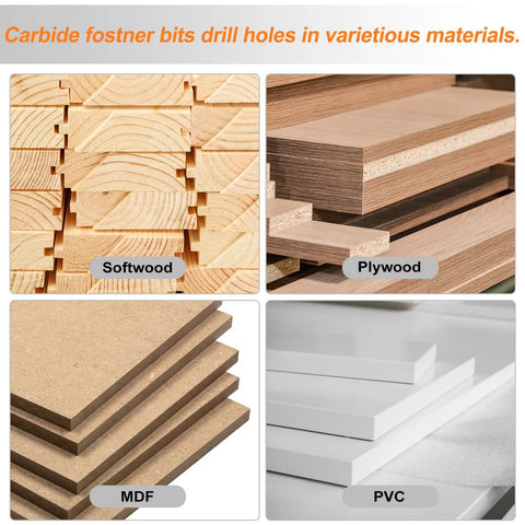 Rock Hard Tungsten Carbide Forstner Drill Bit 10Mm 13 32 Inch Hex Shank cutting through softwood, plywood, MDF, and PVC.
