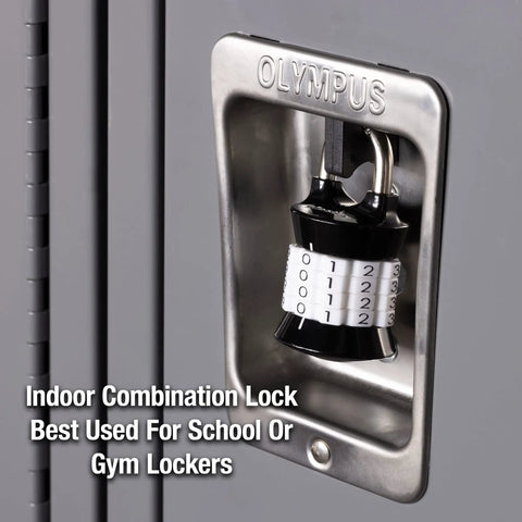Set Your Own Four Digit Combination Lock For Gym And School Lockers Indoor Padlock with Zinc Body on a locker handle close-up.
