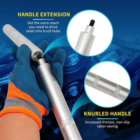 Detail of Truck Hub Seal Installer Kit For Class 7 and Class 8 Heavy Duty Trucks with handle extension and knurled grip.