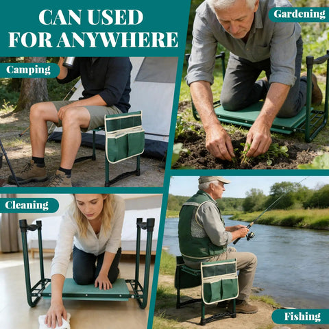 Heavy Duty Garden Kneeler And Seat With Dual Tool Bags, Extra Wide 11.02 Inch Foldable Stool shown in use for various activities
