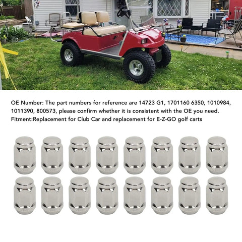 Top Shelf 16 Piece Chrome Lug Nut Kit For E Z Go And Club Car Golf Carts Fits 1/2-20 Size High Resistance Hardware Replacement Parts For Secure Drive And Reliable Performance. 16 chrome lug nuts for golf cart wheels