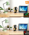 Comparison of Dual Lens USB Camera Module 1080P 60FPS UVC with and without distortion, showing 120-degree wide angle image on desk setup.