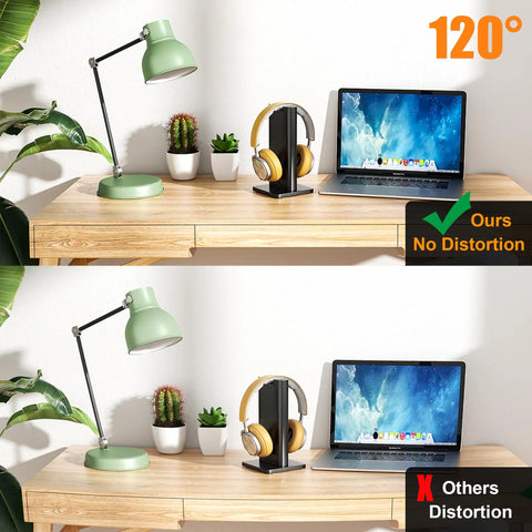 Comparison of Dual Lens USB Camera Module 1080P 60FPS UVC with and without distortion, showing 120-degree wide angle image on desk setup.