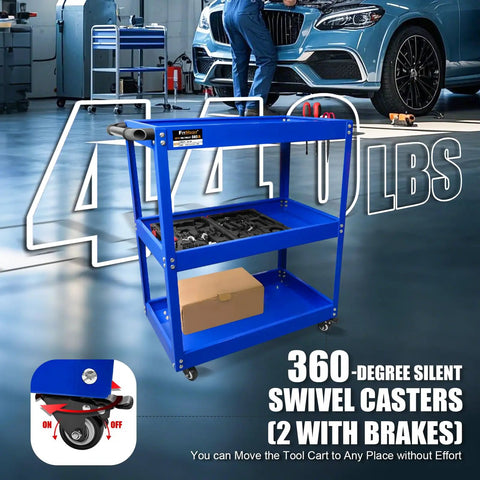 Three Tier Rolling Tool Cart With Beefy Steel 440 Lbs Capacity Thick 0.9mm Construction Rust Resistant Powder Coat Finish Easy Assembly Mobile Utility Cart For Mechanics Garage Workshop Warehouse, blue 3-tier 26.5x13.5x30 in