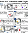 Infographic on programming LiftMaster, Chamberlain garage door opener remote, showing step-by-step instructions and buttons.