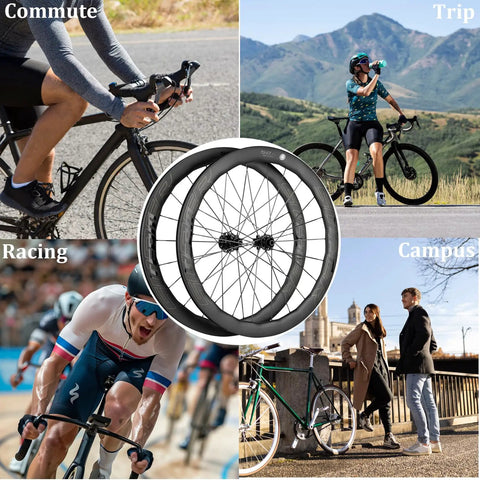 Carbon Disc Brake Wheelset 50mm Deep Tubeless Rim 28mm Wide With Ceramic NBK Bearings in various cycling settings