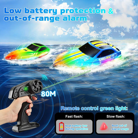 Two Pack RC Boat Set For Pools And Lakes, Self Righting Remote Control Boats With RGB Lights on water with remote control