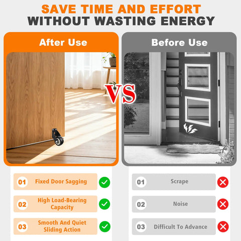 Comparison of door usability before and after using 2 Inch Door Support Wheel And Gate Roller Replacement Kit With Included Screws To Patch Up Drooping Screen Doors Quick Roll Slick On Classic Wood Fences Stress Free DIY Weekend Swap.