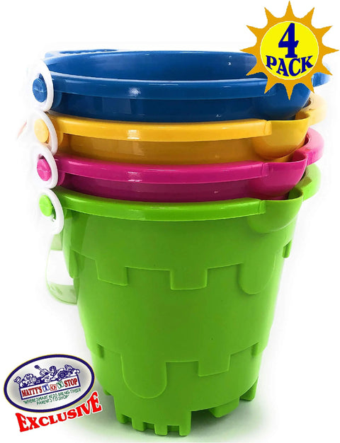 4 Pack 7 Inch Castle Sand Buckets With Easy Pour Spout And Handle In Blue, Pink, Green And Yellow, Plastic Beach Sandcastle Molds