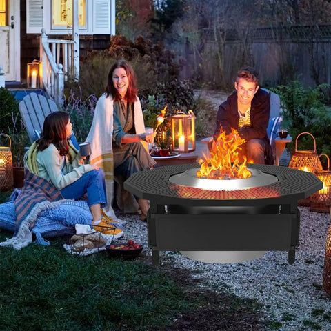 Adjustable Fire Pit Surround Tabletop For Solo Stove Bonfire Ranger Two Point Zero With Coated Steel And UV Resistant Outdoor Fabric in use by group