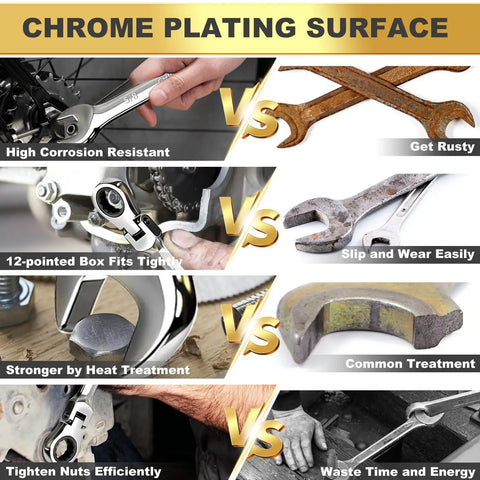Heavy Duty Flex Head Ratchet Wrench 7MM Metric Spanner, chrome plated, shows advantages over rusty tools during usage.
