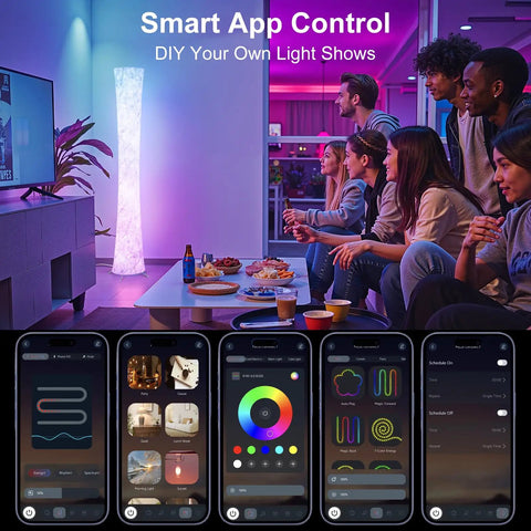 Group enjoying Smart RGB LED Floor Lamp 61 Inch Corner Light With Music Sync 16 Million Colors 3 Color Temperature app-controlled.