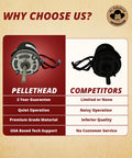 Comparison of Pellethead blower motor features versus competitors, highlighting quality and support differences.