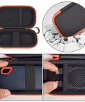 Hard Case For SanDisk Extreme Portable SSD Built Tough Rugged Foam Padding And Mesh Pocket For USB Cables And SD Cards Custom Fit External Drive Protector In Bright Orange Zipper, open and cushioned interior view.