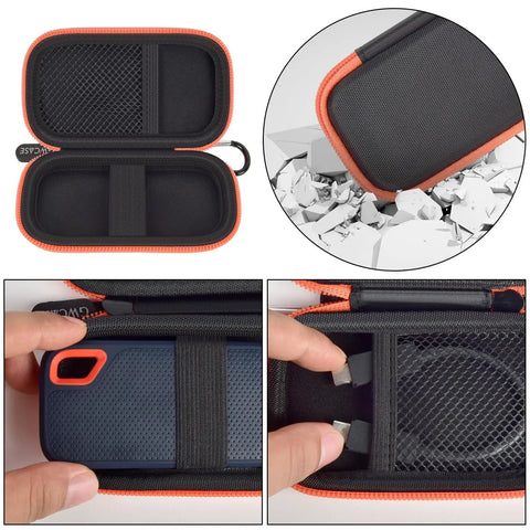 Hard Case For SanDisk Extreme Portable SSD Built Tough Rugged Foam Padding And Mesh Pocket For USB Cables And SD Cards Custom Fit External Drive Protector In Bright Orange Zipper, open and cushioned interior view.