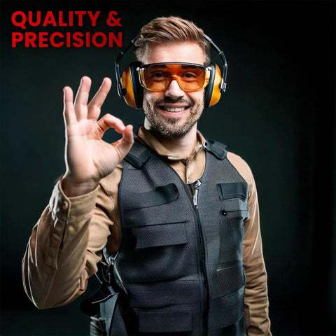 Front view of man wearing black tactical vest with orange earmuffs and safety glasses, giving an OK gesture.