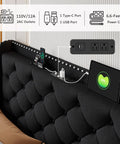 Queen Upholstered Bed Frame With 16 Inch Wingback Headboard And Built In Dual Charging Station showing USB outlets.