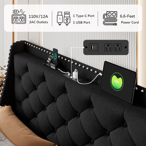 Queen Upholstered Bed Frame With 16 Inch Wingback Headboard And Built In Dual Charging Station showing USB outlets.