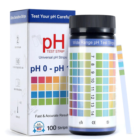 pH Test Strips 0 to 14, 100 Universal Litmus Paper for Quick pH Checks in Liquid Water Food Urine and Saliva displayed in packaging