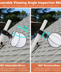 Large Expandable Inspection Mirror With 180 Degree Tilt And 360 Degree Rotate For Roof Gutters And Hard To Reach Spots Attachable To Extension Pole For Safe Roof Inspections, shown on roof