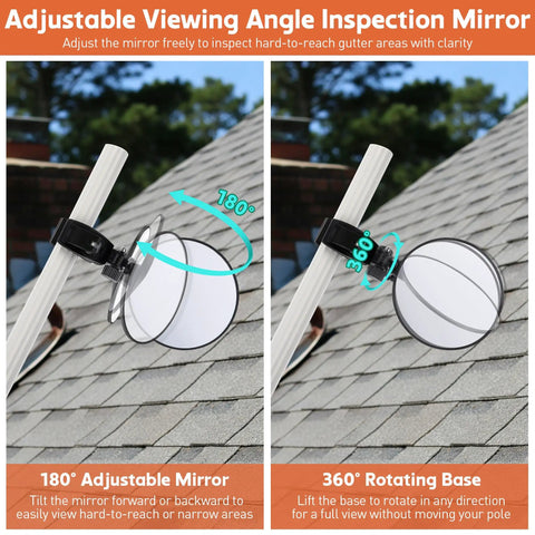 Large Expandable Inspection Mirror With 180 Degree Tilt And 360 Degree Rotate For Roof Gutters And Hard To Reach Spots Attachable To Extension Pole For Safe Roof Inspections, shown on roof