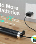 Powerful Rechargeable Milk Frother Wand With Stand Handheld Electric Foam Maker charging with Type C cable on countertop.