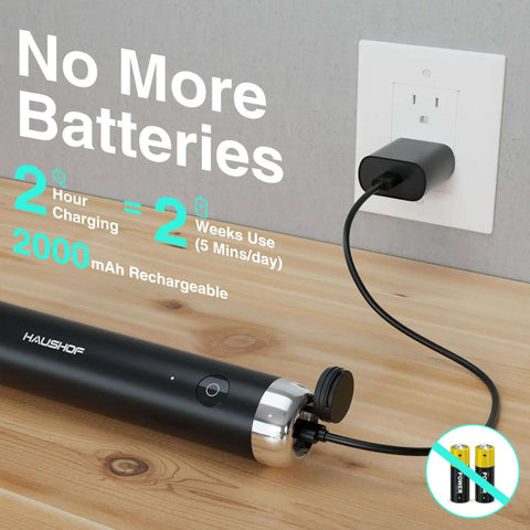 Powerful Rechargeable Milk Frother Wand With Stand Handheld Electric Foam Maker charging with Type C cable on countertop.