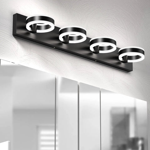 Bold Black 33 Inch LED Vanity Light Four Light Modern Acrylic Wall Sconces With 350 Degree Rotatable Over Mirror