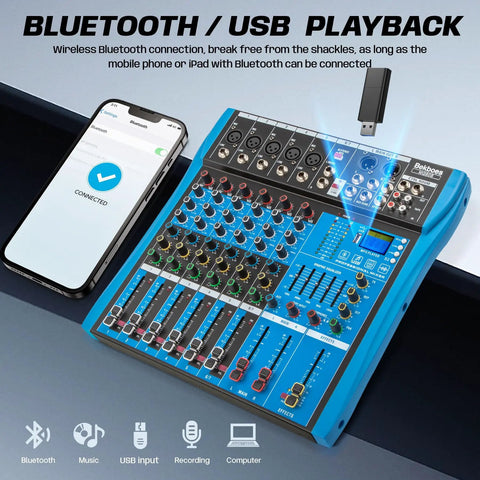 Six Channel Pro Audio Mixer With 48V Phantom Power USB Bluetooth MP3 Input Built In 16 DSP Effects Stereo Digital Interface