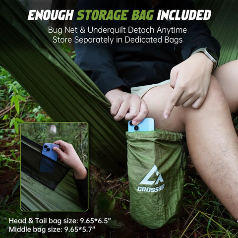 2 Person Camping Hammock With Mosquito Net And Built In Underquilt, rain fly tarp, green storage bag with phone inside