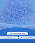 Close-up of blue SMS nonwoven fabric with water droplets, highlighting fluid resistance and breathability for Disposable Lab Coat For Adults Knee Length With Knit Cuffs And Collar, SMS Nonwoven Medical Jacket, Fluid Resistant And Breathable, 3 Pockets, Blue, Medium, Pack Of 10 To 50, All Day Comfort.