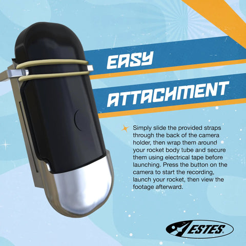 Universal Hd Rocket Camera And Solid Mount For Straight Fire Launch Footage Compact Payload Holder For Model Rocket Kits close-up of easy attachment feature, black camera holder with straps.