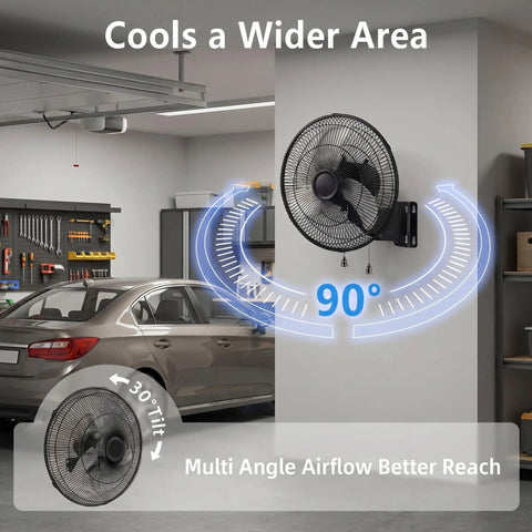 18 Inch Oscillating Wall Mount Fan With 3 Speed High Velocity Breeze, Beast Mode Power, 90 Degree Oscillation And 30 Degree Tilt in a garage