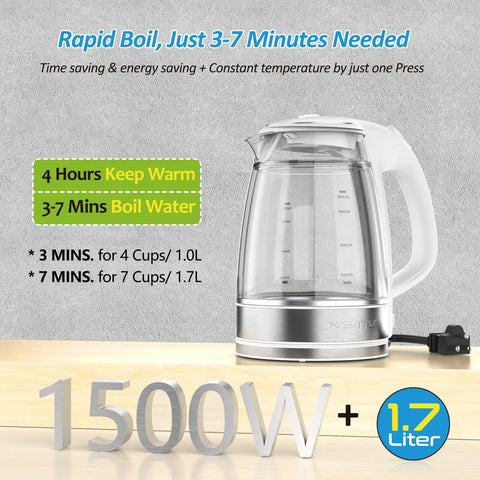 Dual Wall Cool Touch Electric Kettle With Borosilicate Glass Inner, 1.7L, 1500W Fast Boil, Cordless Hot Water Boiler