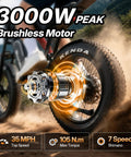 Rugged 3000W Peak Electric Dirt Bike for Adults and Teens up to 35 MPH, rear wheel and motor detail, 20 inch fat tire